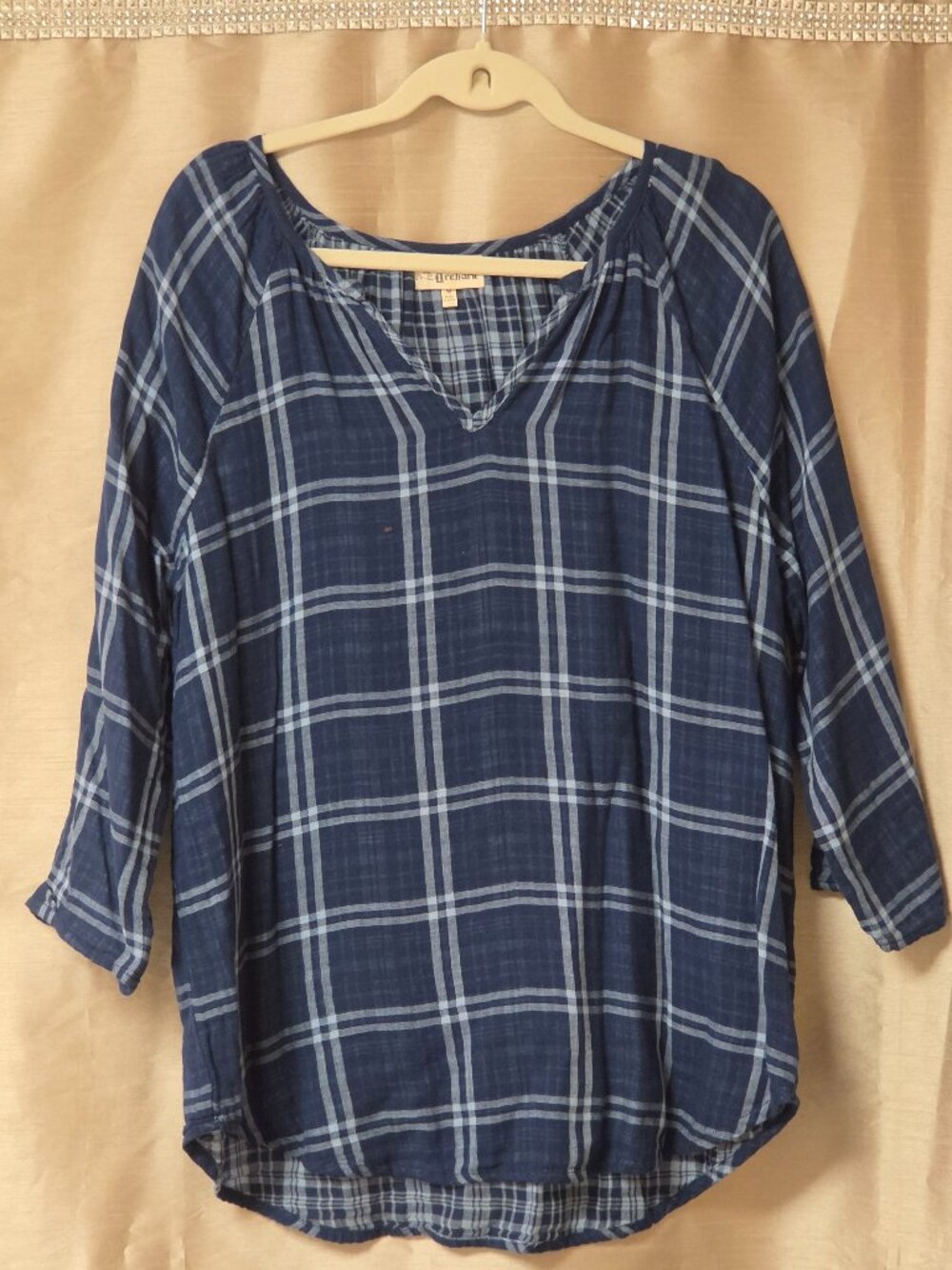 HESTER & ORCHARD Blue White Squares Cotton 100% 3/4 Sleeve Shirt Top Size M